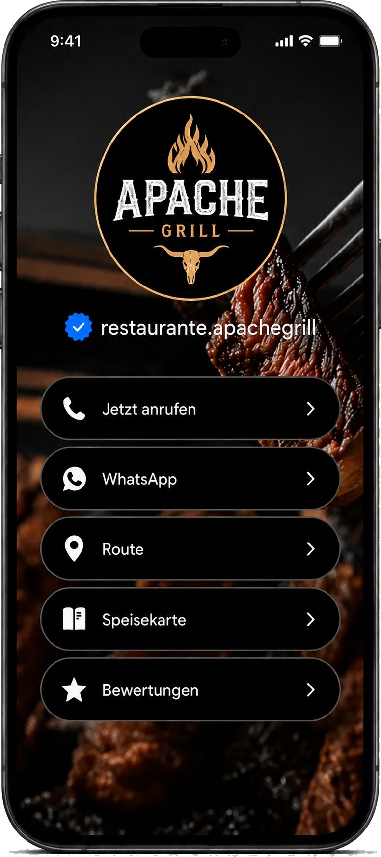 Vigiora digitale Unternehmensseite für Apache Grill auf dem Smartphone